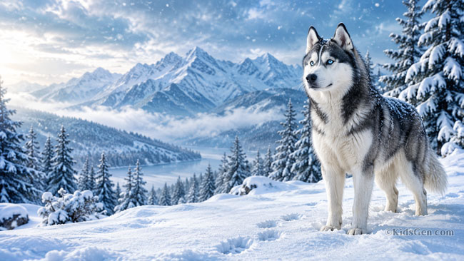 4K pet wallpaper featuring siberian husky with blue eyes standing in a snowy pine forest