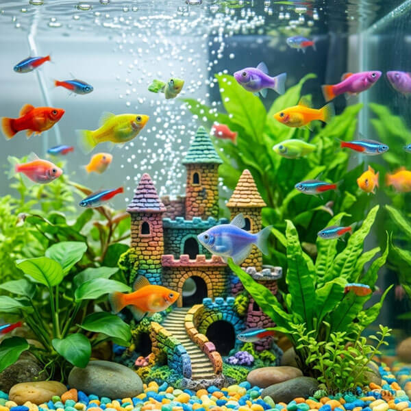 A square pet wallpaper featuring aquarium with vibrant rainbow tropical fish, green aquatic plants and a miniature castle