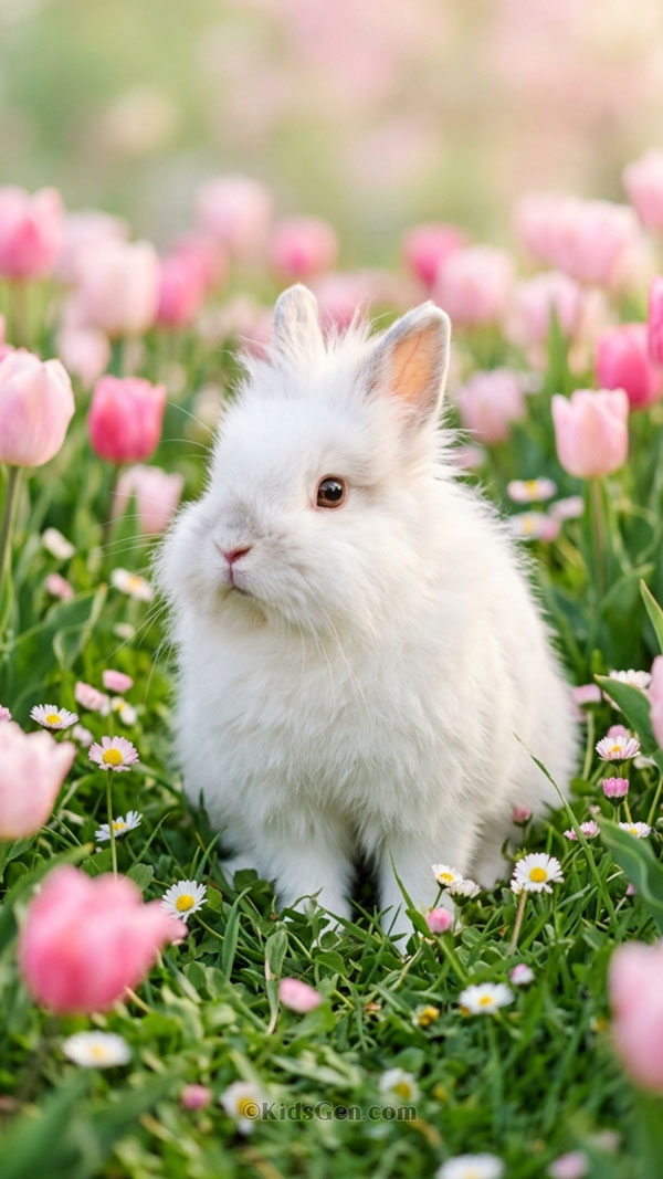 Fluffy white bunny surrounded by pink tulips and white daisies in a spring garden 4K mobile wallpaper.