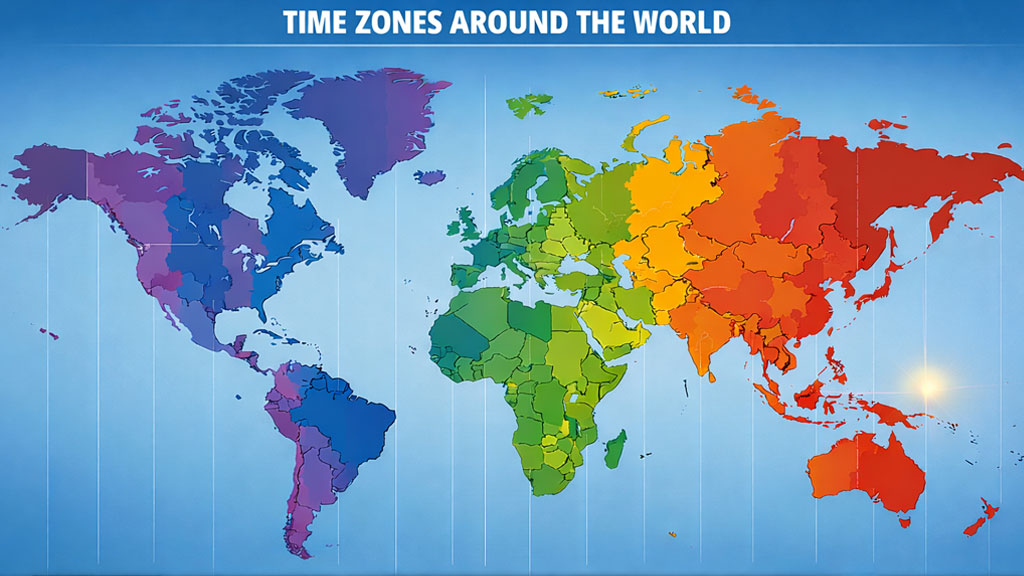 World map illustrating global time zones with Kiribati highlighted near the start of the global calendar