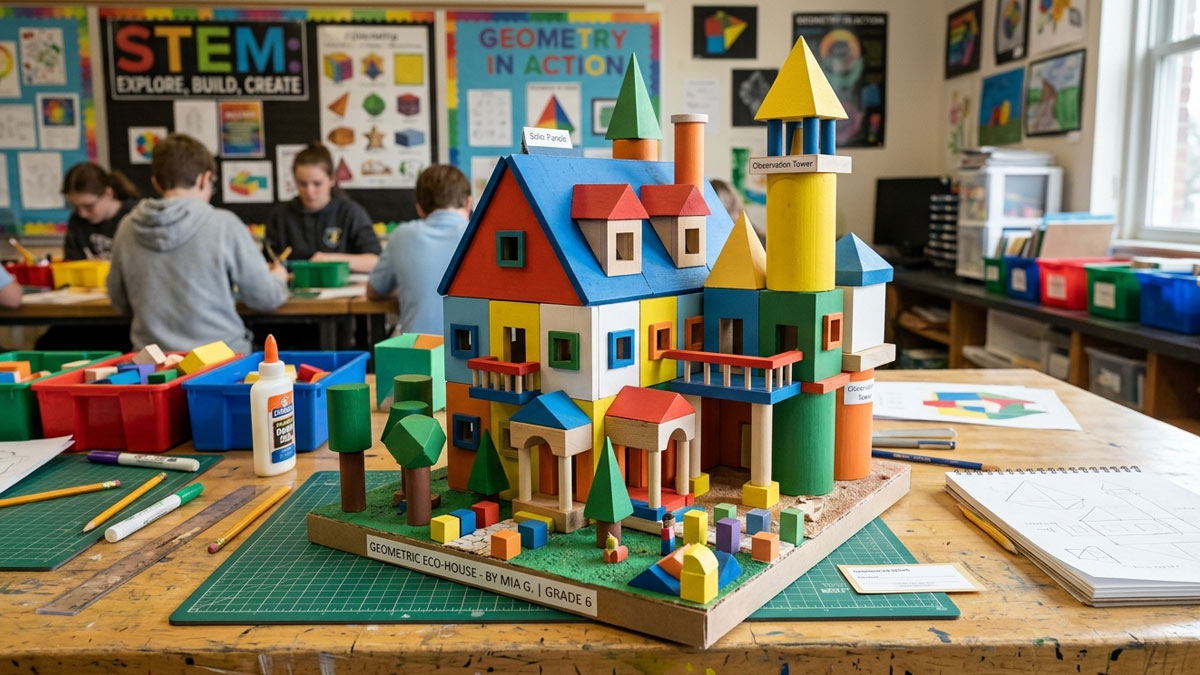 3D architectural house model made with geometric shapes for a mathematics school project