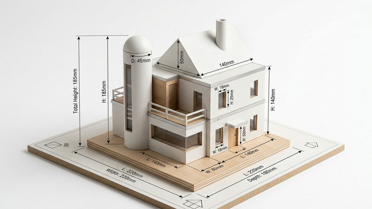 3D house model built using geometric shapes like prisms and cylinders for surface area and volume learning