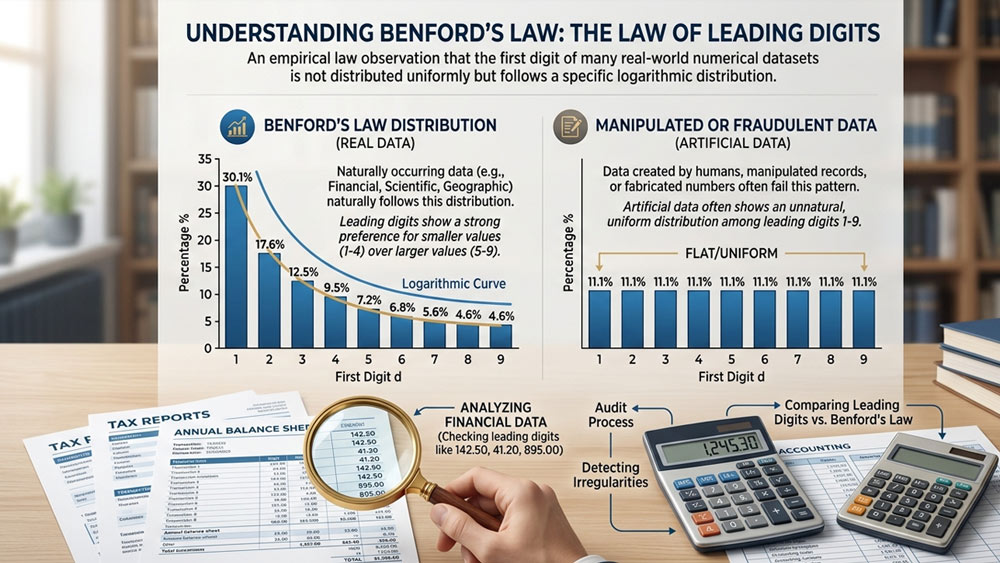 Benford's Law infographic showing natural leading digit distribution and financial fraud detection analysis