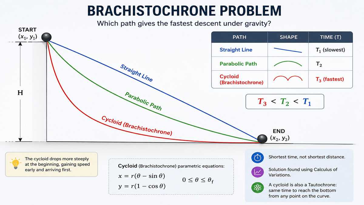 Comparison of straight line, parabolic path, and cycloid curve showing the fastest descent under gravity in the Brachistochrone problem.
