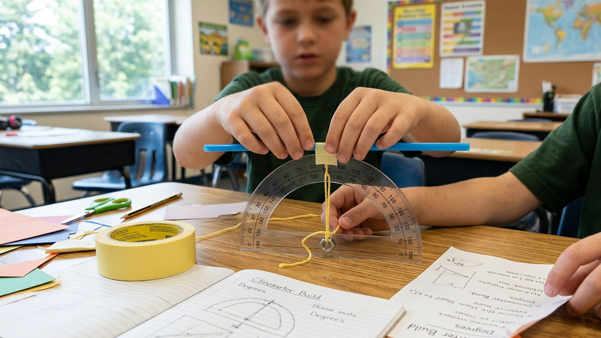 Children assembling a homemade clinometer using protractor straw and string in classroom