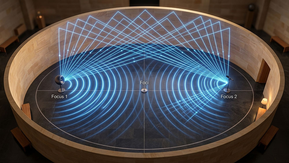 A 3D architectural diagram illustrating sound waves originating from one focal point of an elliptical room, bouncing off the curved walls, and perfectly converging at the second focal point.