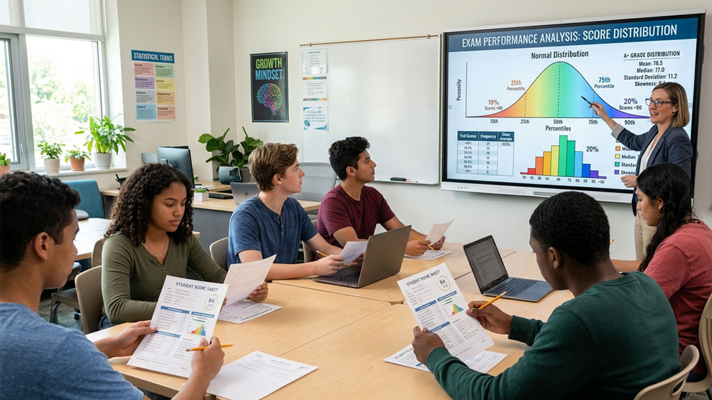 Students analyzing exam scores with a bell curve chart and statistical graphs in a classroom