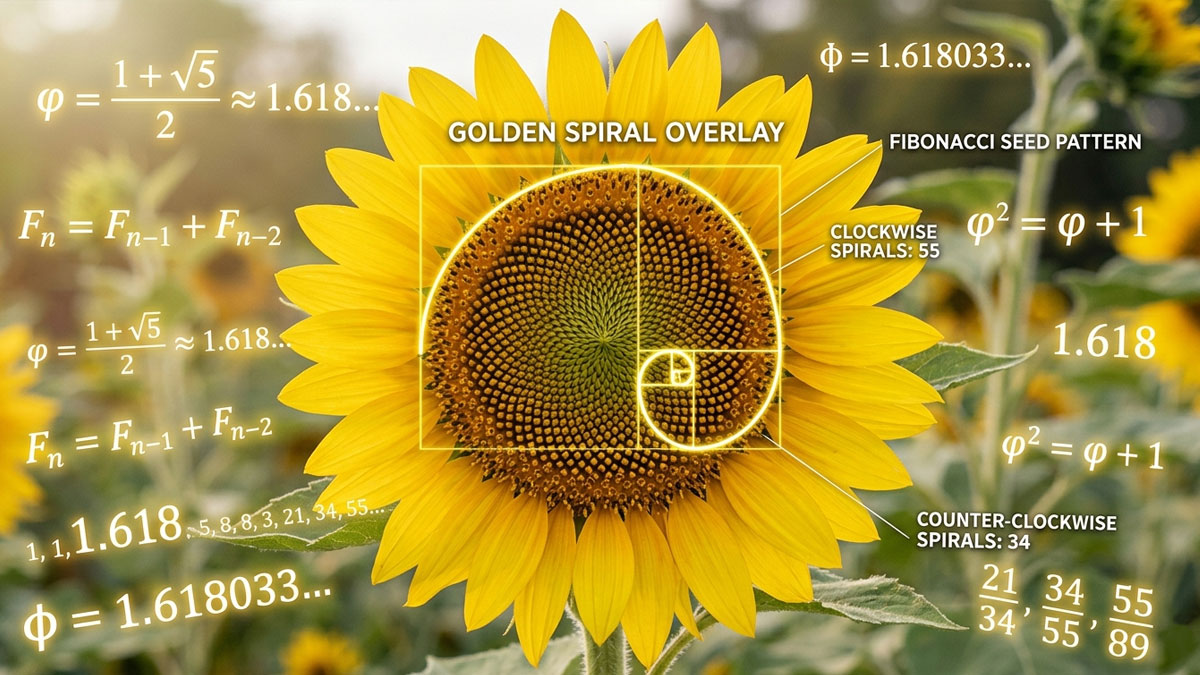 Golden ratio spiral on sunflower seeds educational infographic
