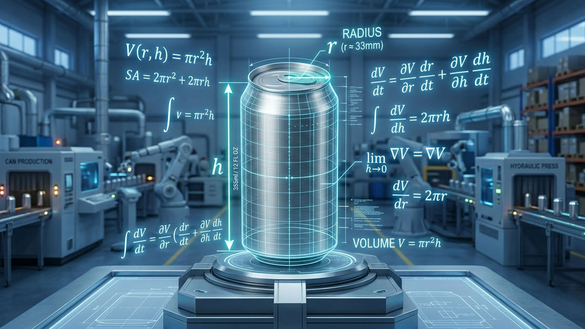 Cylindrical container with floating calculus equations showing surface area optimization in industrial packaging design