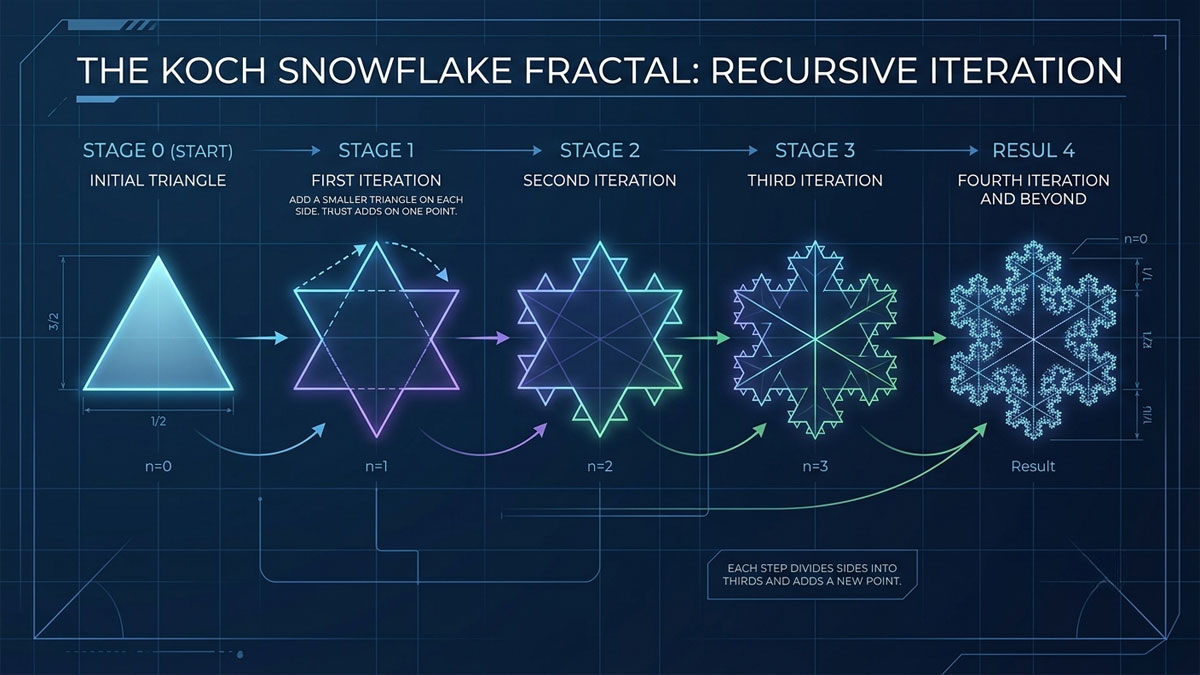 Educational infographic showing the Koch Snowflake fractal construction and chaos theory concepts