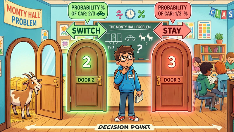 Child deciding whether to switch or stay after one door is opened in the Monty Hall probability problem game show