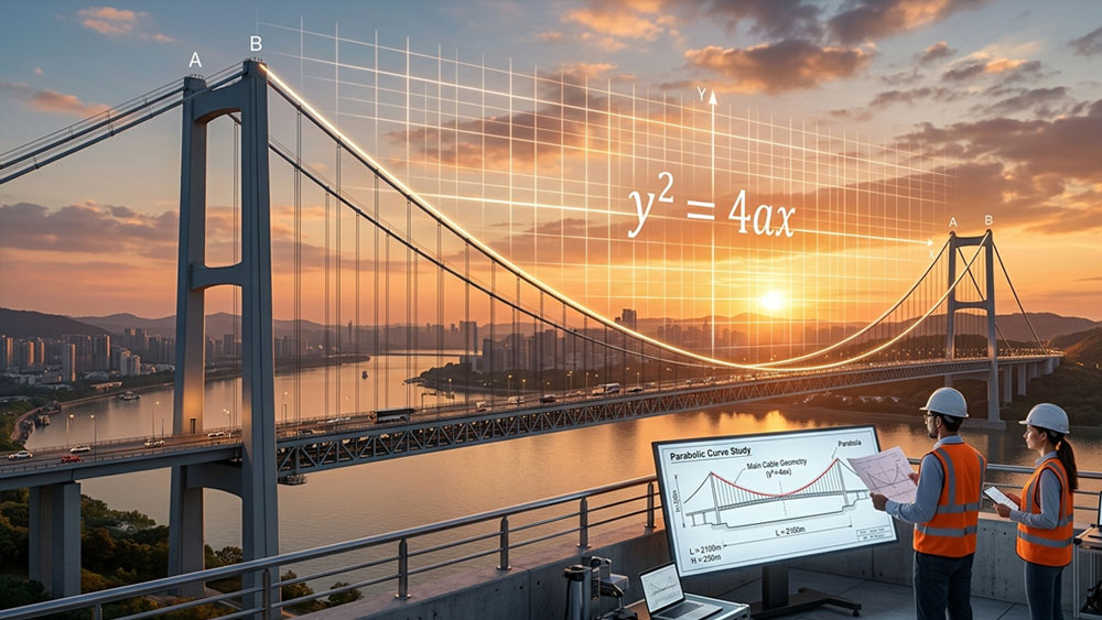 Parabolic suspension bridge with mathematical curve overlay showing conic section geometry