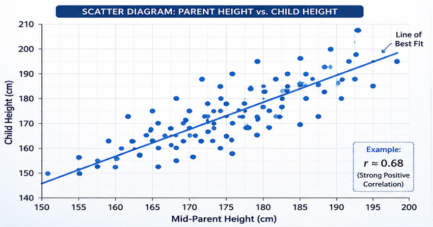 Correlation of heights infographic showing parent and child height scatter plot with regression line