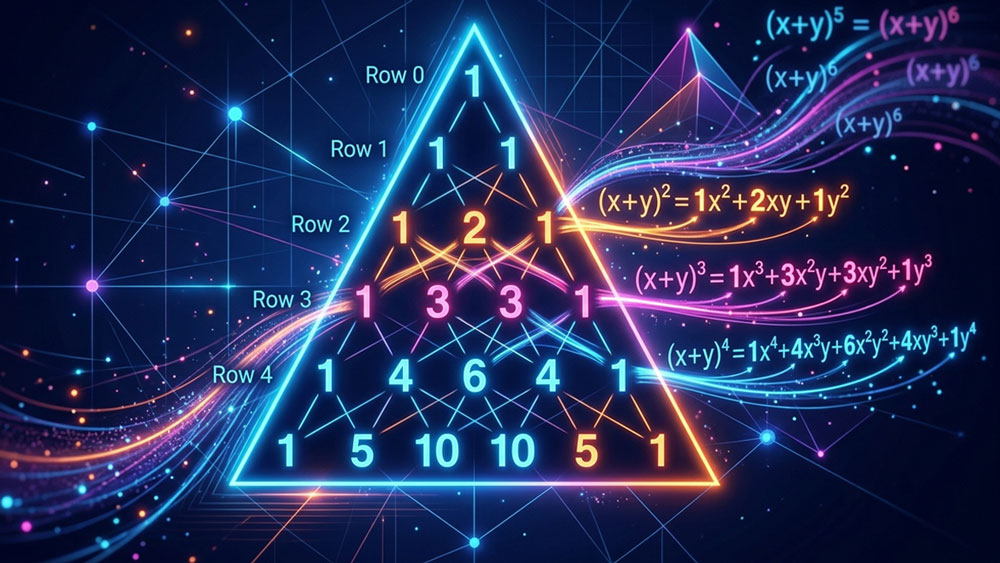 Pascal's Triangle transforming into binomial algebra equations with glowing coefficients