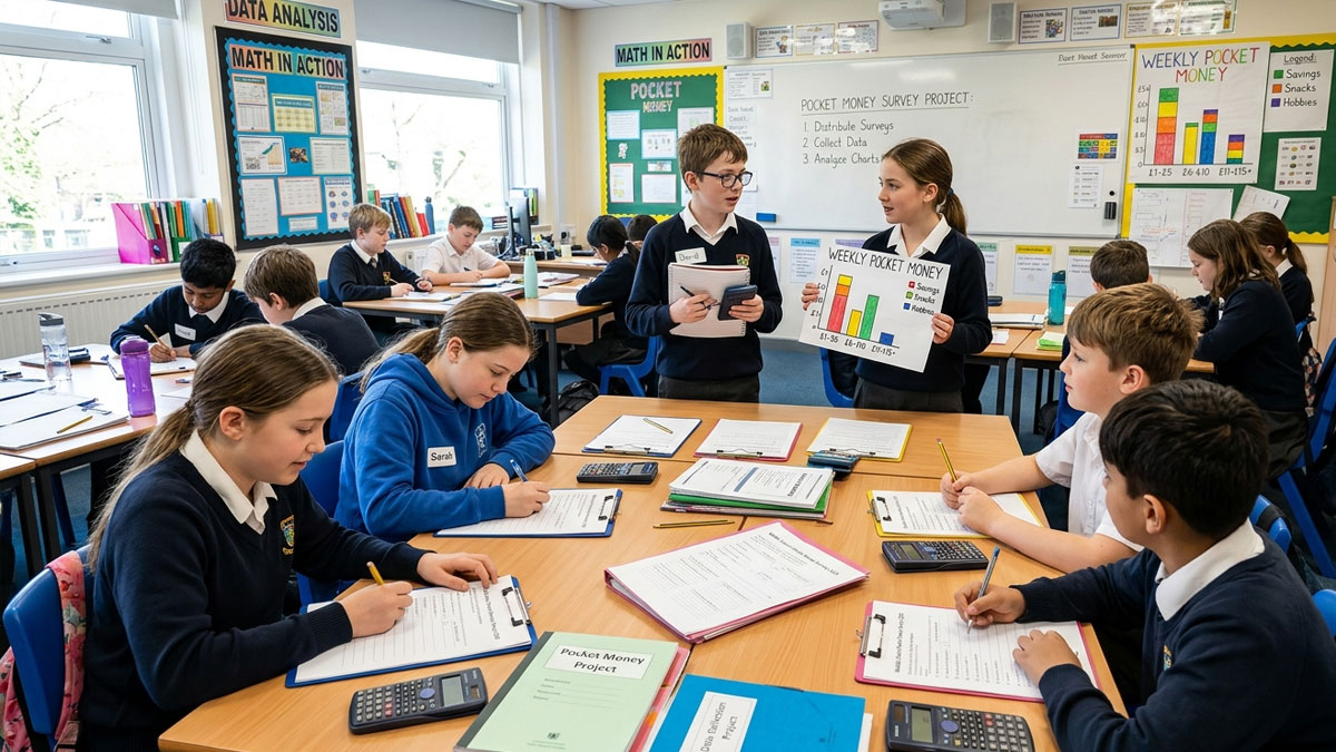 Students conducting a pocket money survey in a classroom for a descriptive statistics school project
