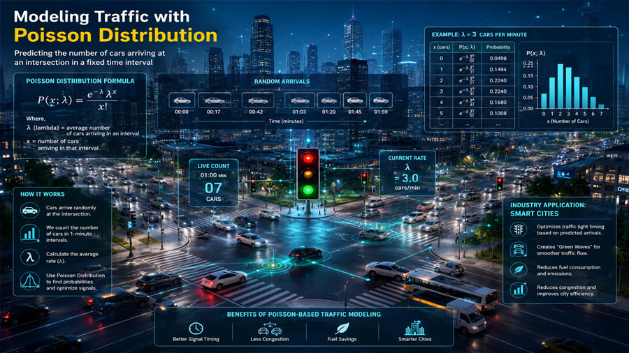 Futuristic smart city traffic intersection modeled with Poisson Distribution formulas