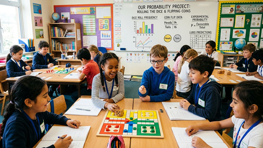 Students playing Ludo and learning probability concepts in a classroom school project
