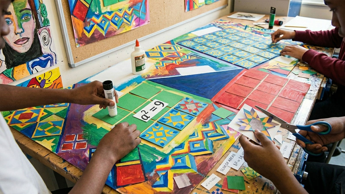 Students creating a geometric Pythagorean theorem mural with colorful square tiles
