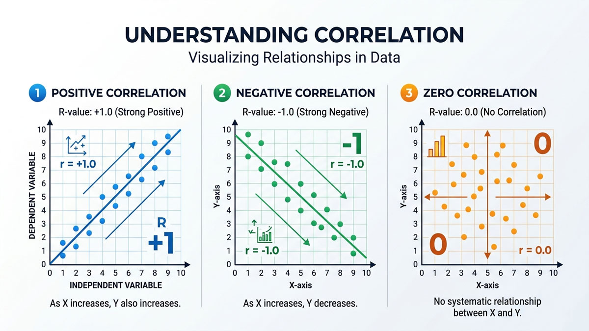 Scatter plots showing positive negative and zero correlation in regression analysis