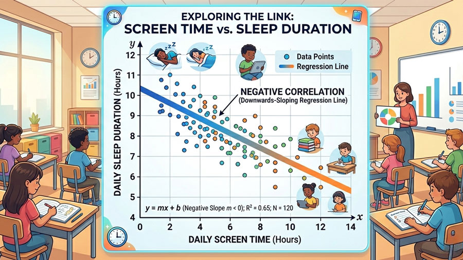 Linear regression scatter plot showing the relationship between screen time and sleep duration with a downward trend line indicating negative correlation.