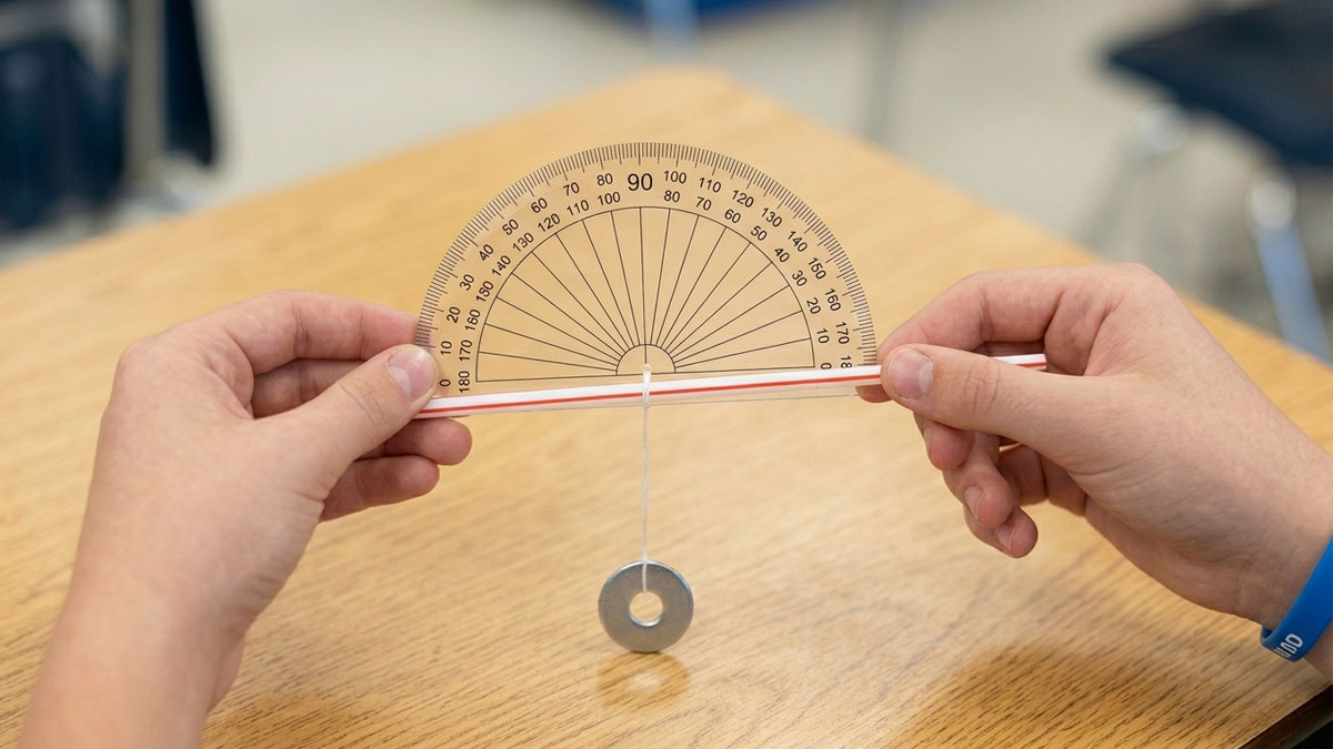 Close-up of a DIY trigonometric clinometer on a classroom desk, showing the weighted string aligned with the 90-degree mark on a protractor.