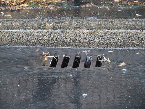 Urban runoff entering a storm drain