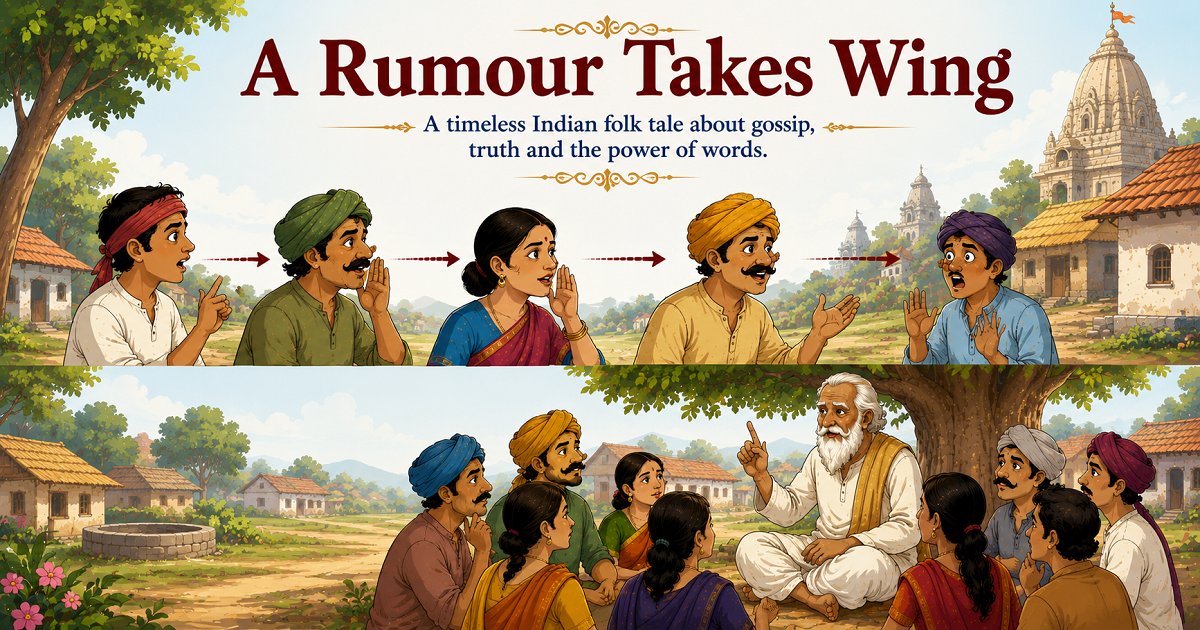 Illustration of villagers spreading a rumor from person to person in the Indian folk tale A Rumour Takes Wing