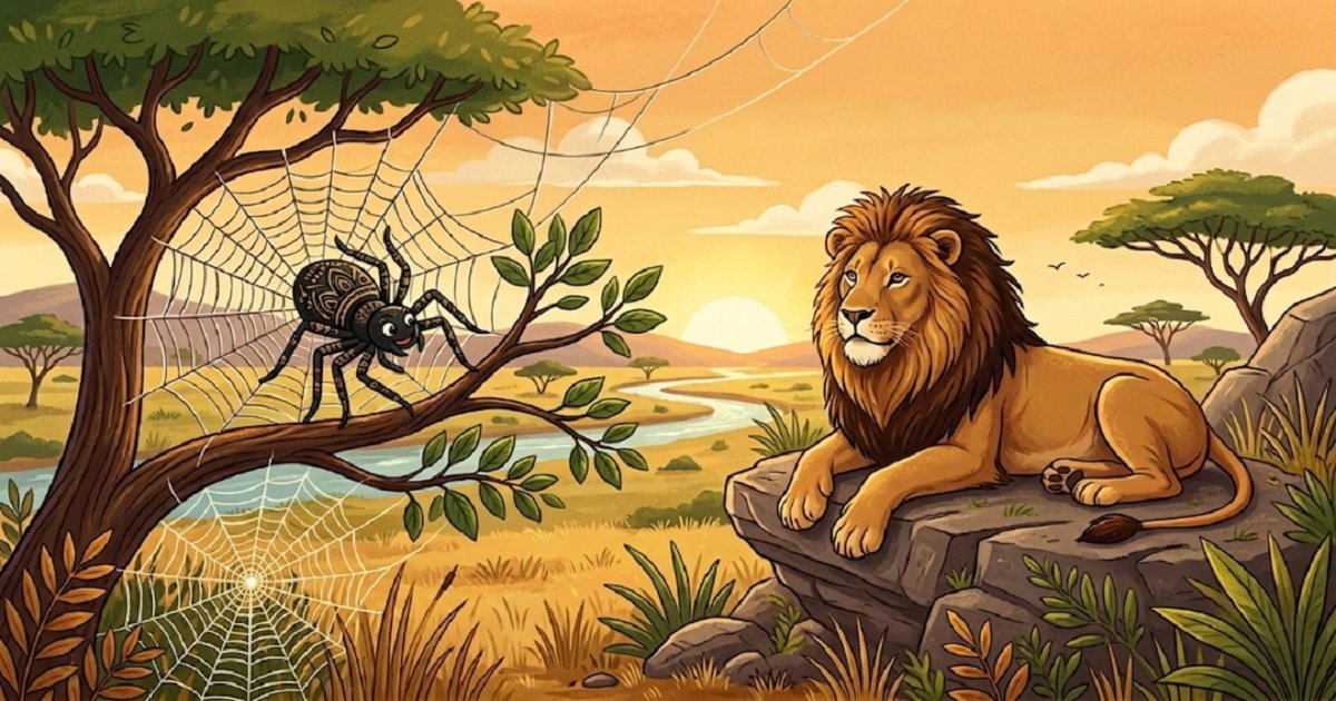 Illustration of the African Folk Tale Anazi and the Lion