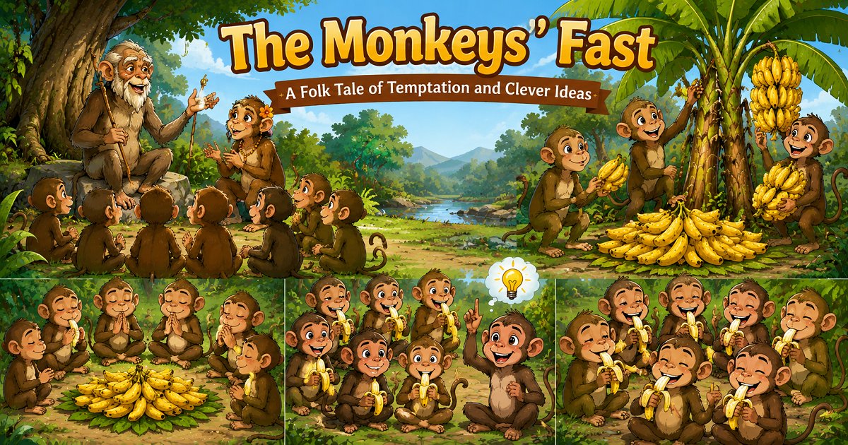 Monkeys collecting, peeling, and eating bananas during a humorous folk tale about fasting
