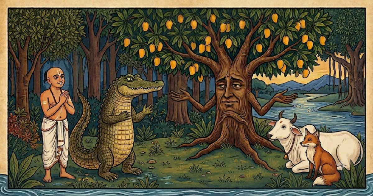 Folk tale illustration showing a Brahmin and a crocodile asking a mango tree, a cow, and a fox for a verdict