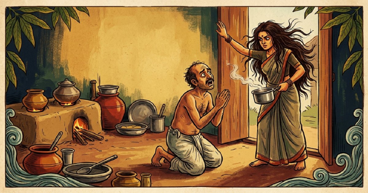 A clever woman mimicking a furious temple goddess to teach her lazy husband