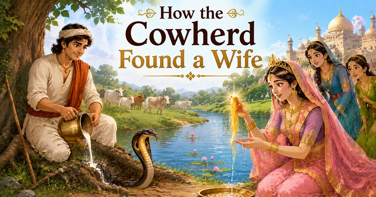 Princess finding the magical golden hair in the folk tale How the Cowherd Found a Wife