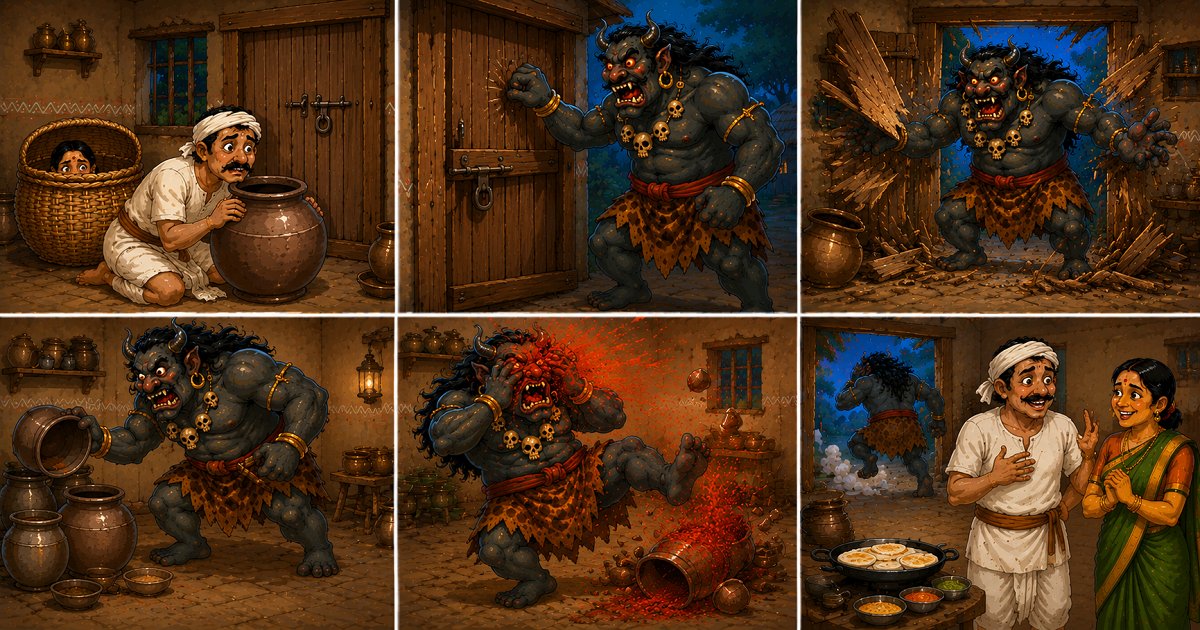 The clever old woman tricks the hungry demon while making crispy dosas in her village hut.