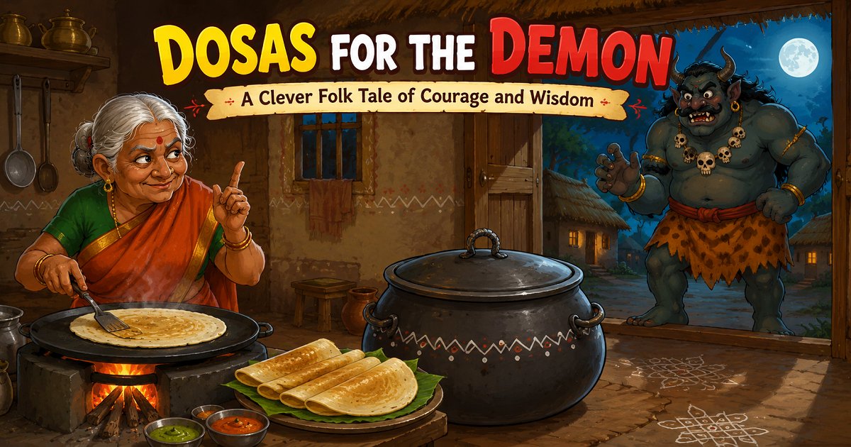 The clever old woman tricks the hungry demon while making crispy dosas in her village hut.