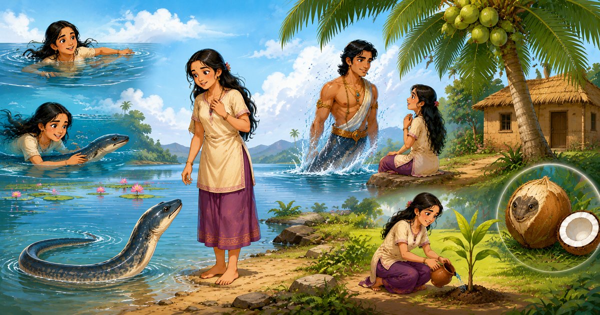 Tanaiya stands beside a lake with her eel friend Ambu whose magical gift grows into a magnificent coconut tree.