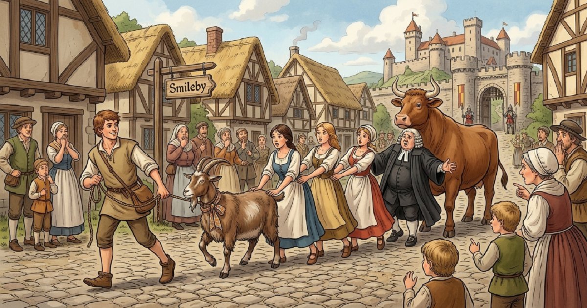 George leading a comical procession - three young women, a judge, and a bull all stuck to his magical goat