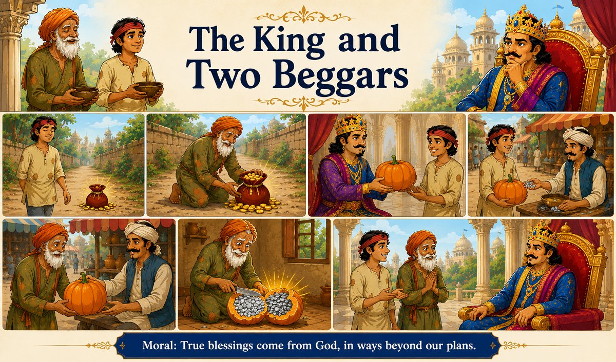 Illustration from the Indian folk tale God Provides showing a king and two beggars
