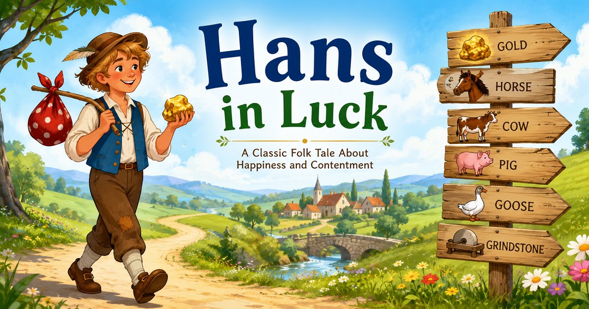 Hans in Luck walking along a country road carrying his reward, from the classic German folk tale collected by the Brothers Grimm.