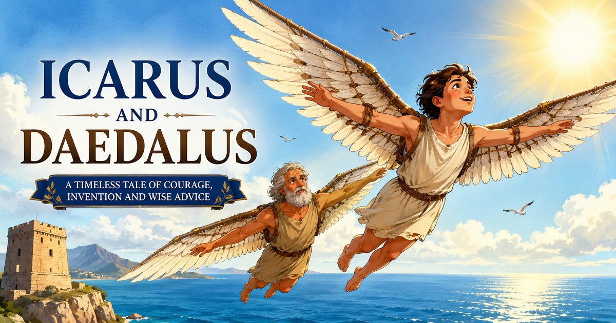 Illustration of Daedalus and Icarus flying over the sea with wings made of feathers and wax before Icarus flies too close to the sun.