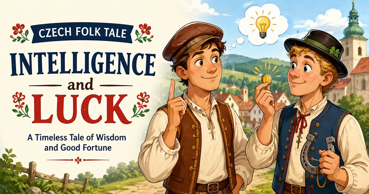 Illustration of Vanek the clever gardener standing before a king and silent princess in the folk tale Intelligence and Luck.