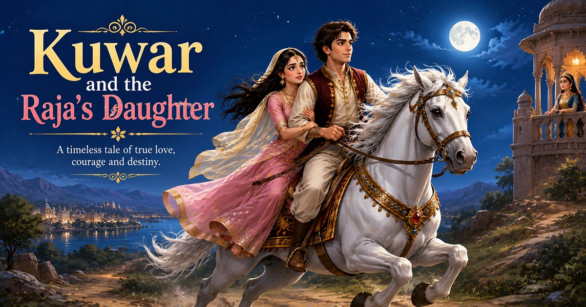 Kuwar and the Raja's daughter riding away together in a romantic folk tale story