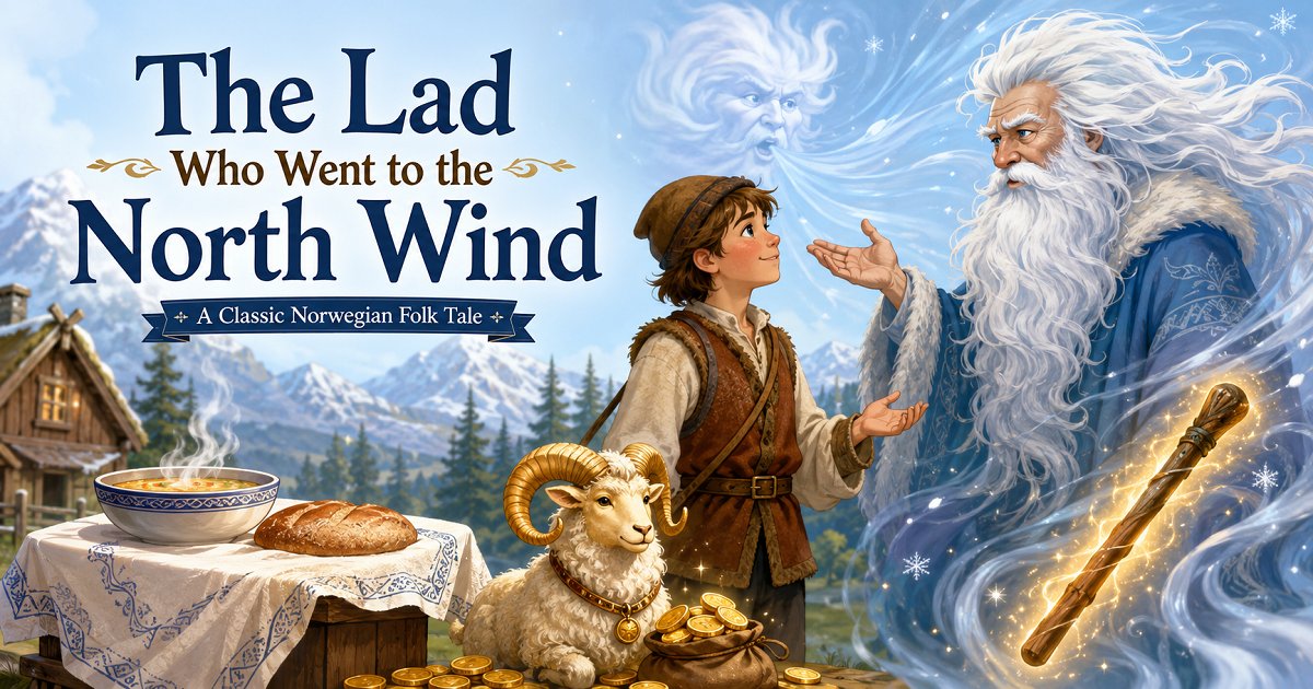 Illustration of the young lad meeting the North Wind and receiving magical gifts in a classic Norwegian folk tale.