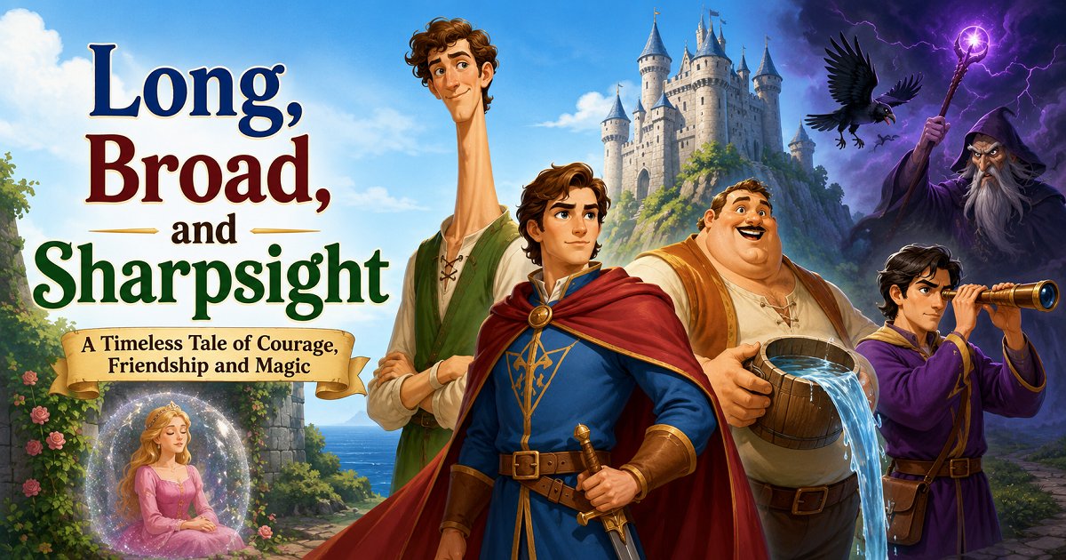 Illustration of Long, Broad, and Sharpsight helping a prince rescue a princess from a magical castle in a classic folk tale