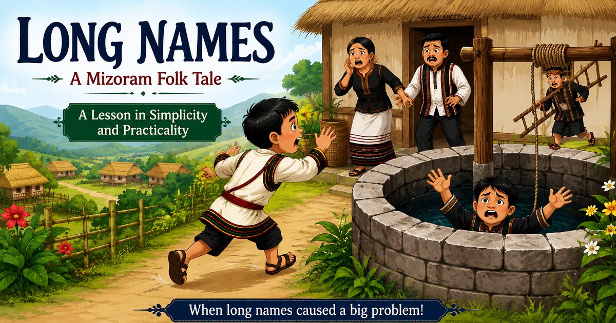 Illustration of two brothers from the Mizoram folk tale Long Names near a village well.