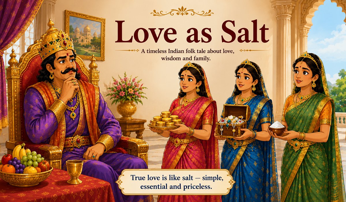 Illustration of a king and his daughters from the Indian folk tale Love as Salt, showing the princess comparing her love to salt.