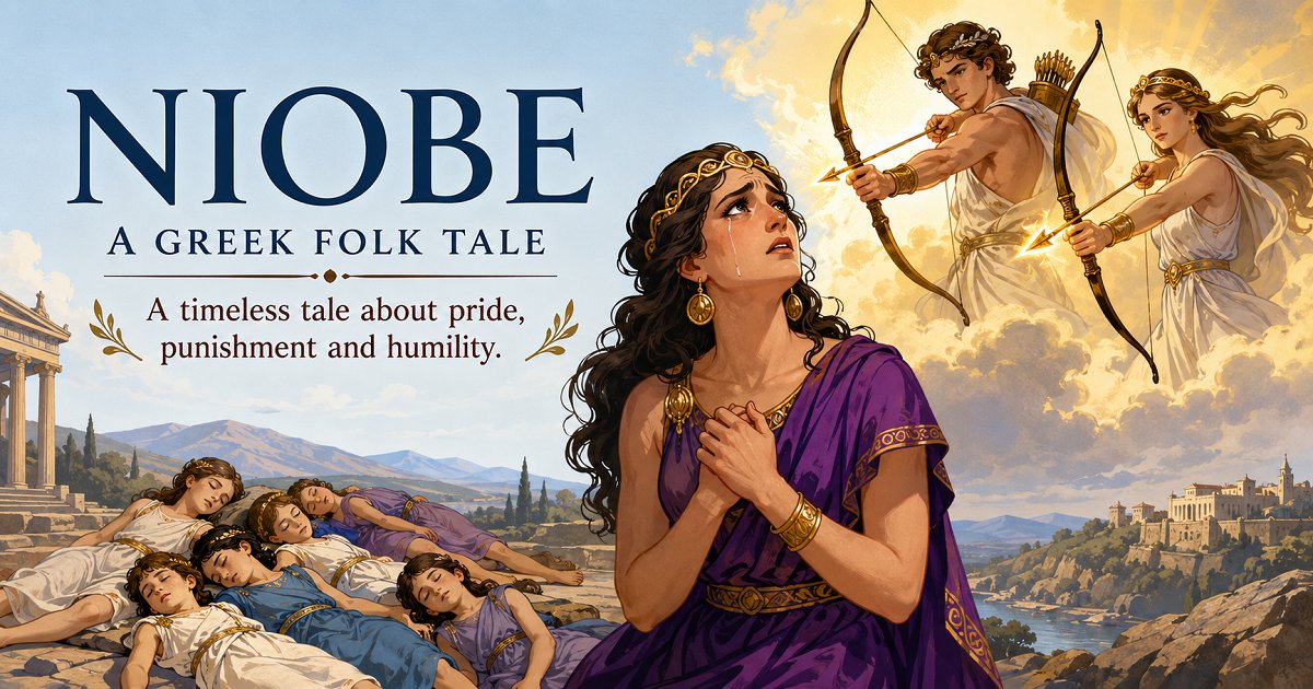 Illustration of Queen Niobe from the Greek folk tale, grieving after boasting against the goddess Latona.