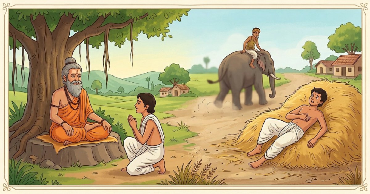 Illustration from the Indian folk tale Oh God showing a villager receiving unexpected help and learning a lesson about faith and gratitude.