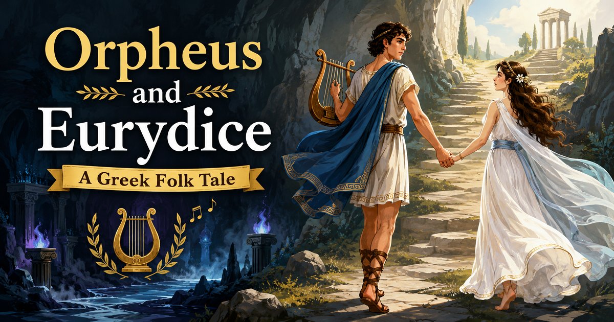 Illustration of Orpheus leading Eurydice out of the underworld while playing his magical lyre in a Greek folk tale for children.