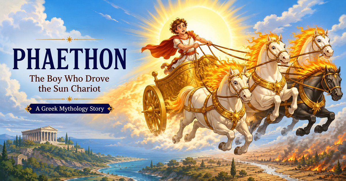 Illustration of Phaethon driving the Sun God's golden chariot through the sky while the fiery horses race out of control.