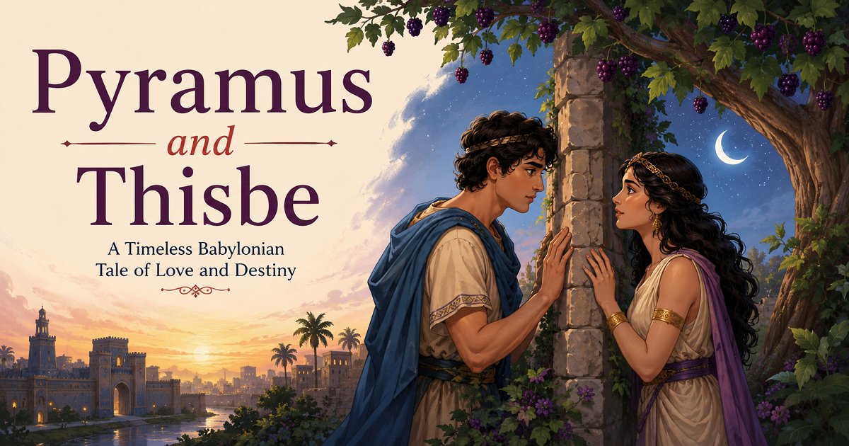Illustration of Pyramus and Thisbe meeting near the mulberry tree in the ancient Babylon folk tale for children.
